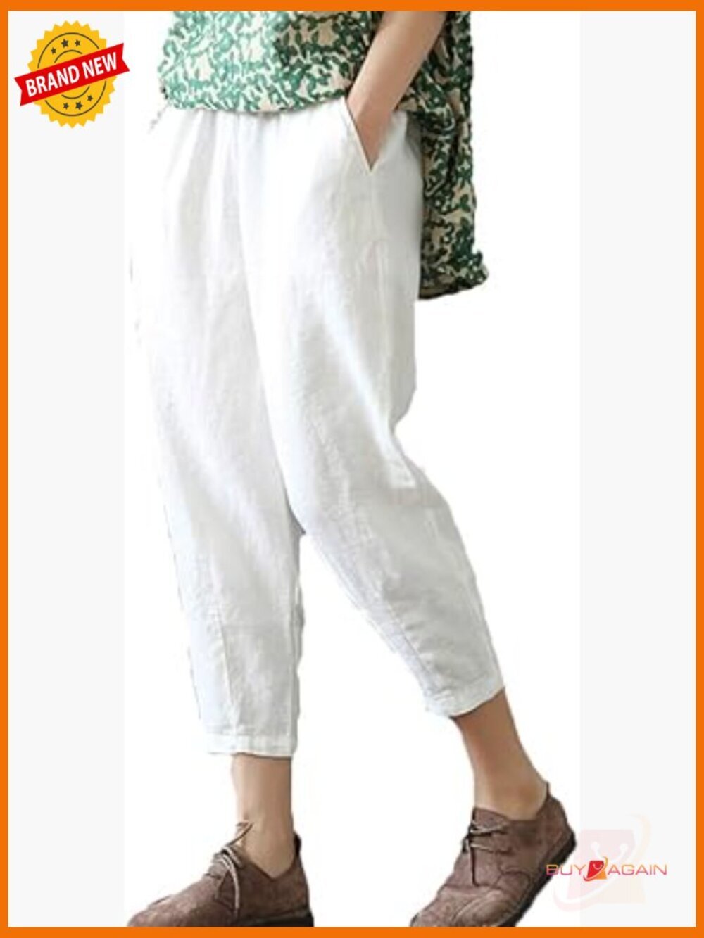 Linen Cropped Tapered Ankle Capris Elastic Waist Women's Pants